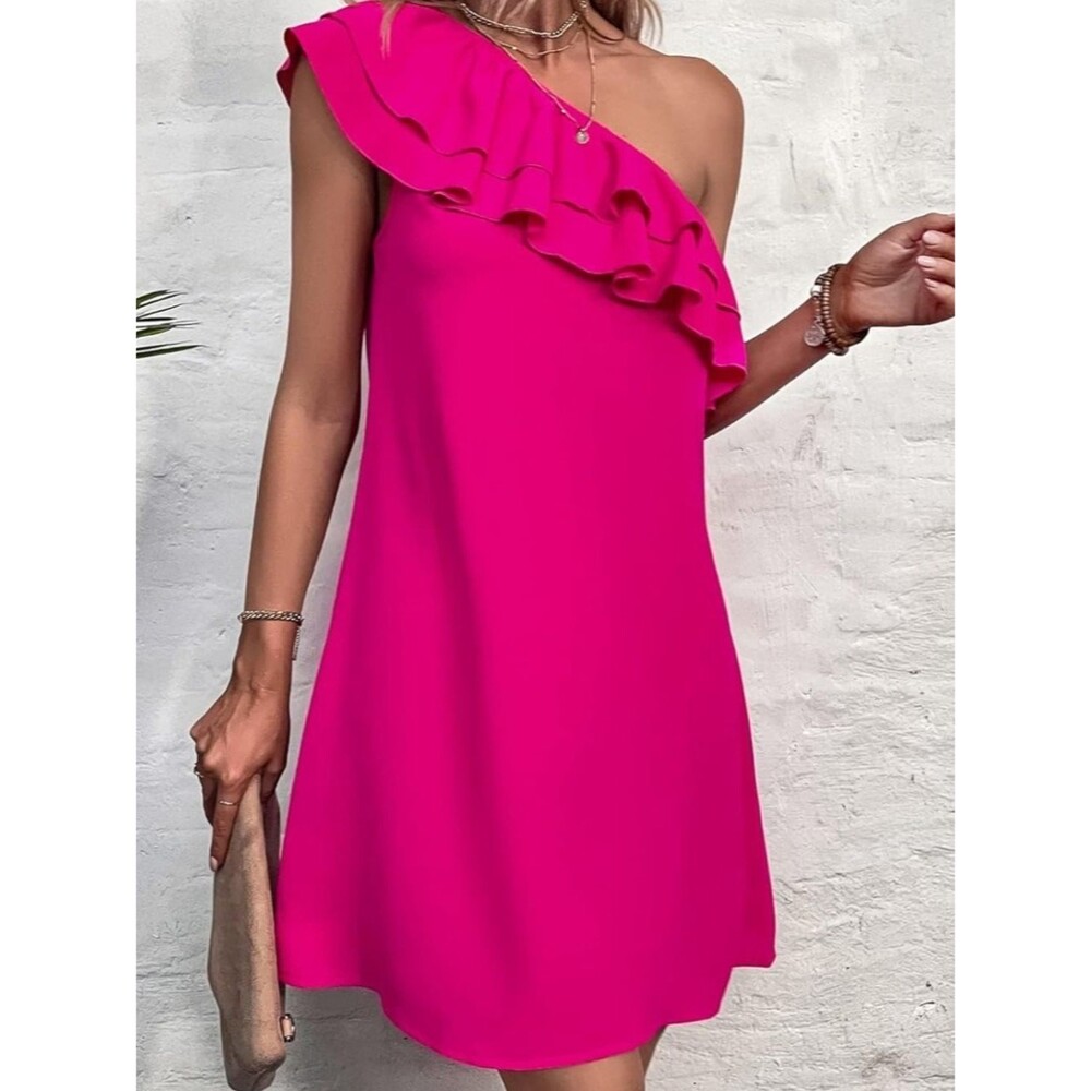 Floerns Size S One-Shoulder Tiered Ruffle Dress Fuschia Pink 3494-AG